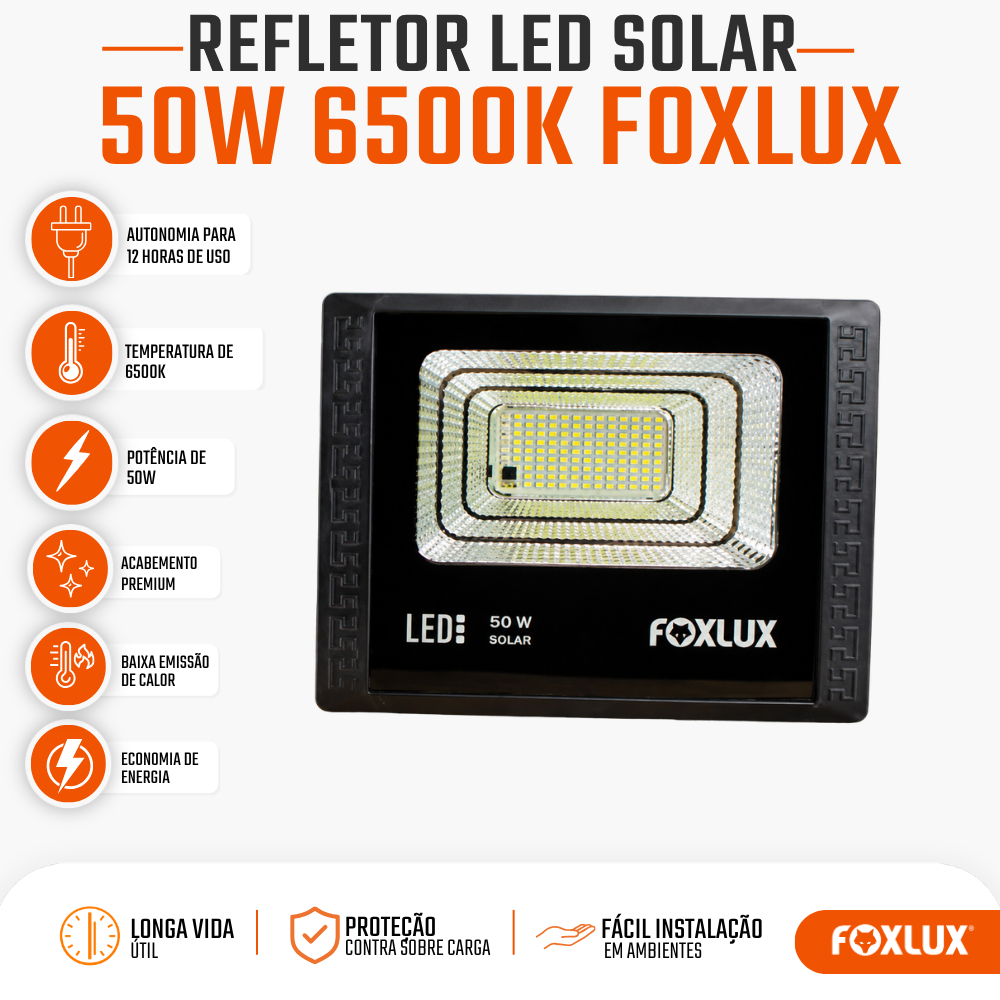 Refletor LED Solar 50W Foxlux 6500K Branco Frio Painel Solar Controle Remoto