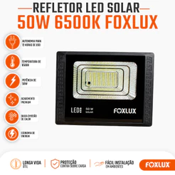 Refletor LED Solar 50W Foxlux 6500K Branco Frio Painel Solar Controle Remoto