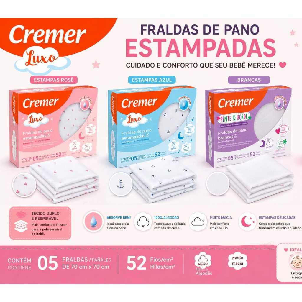 Pacote 5 Fraldas Luxo 100% Algodão Estampas 70x70cm Super Macia- Cremer