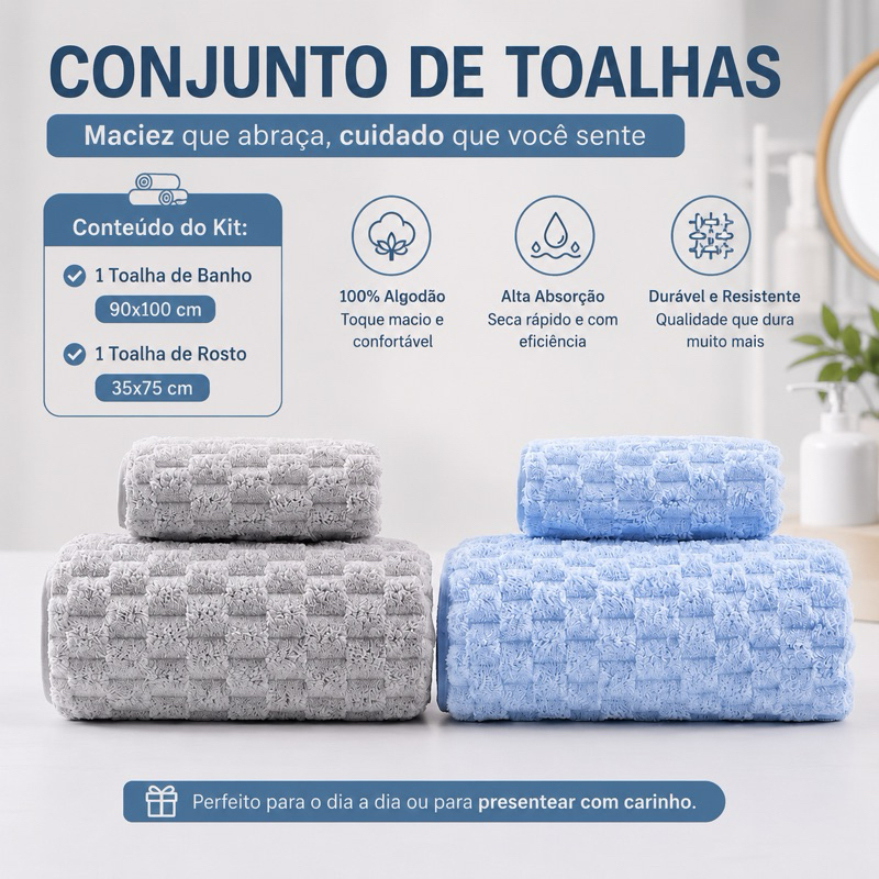 Kit 2 Toalhas Banho e Rosto Coral Fleece 90x100 + 35x75cm Macias, Absorventes e Super Econômic