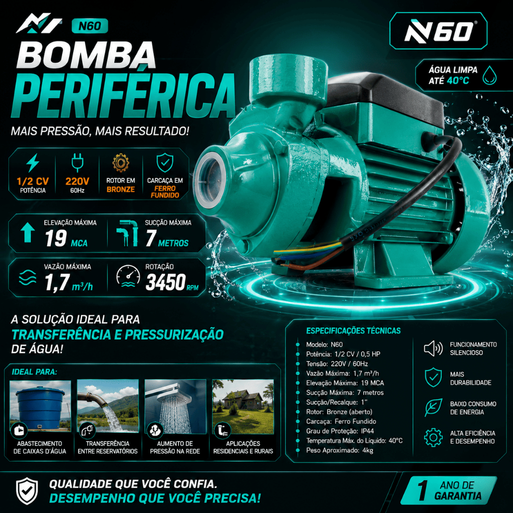 Bomba de Agua Periferica 1/2cv 0,5hp 1pol Brasbombas Bomba d'agua N60 220v