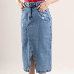 Saia Jeans Midi Longa Com Fita Glitter Dourado Moda Evangélica Fenda Frontal Chique Casual REF 1228