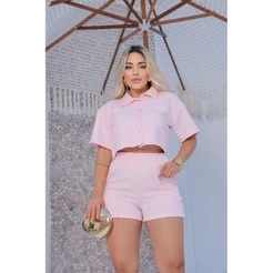 Conjunto Alfaiataria Short Com Bolso e Camisa com Botões