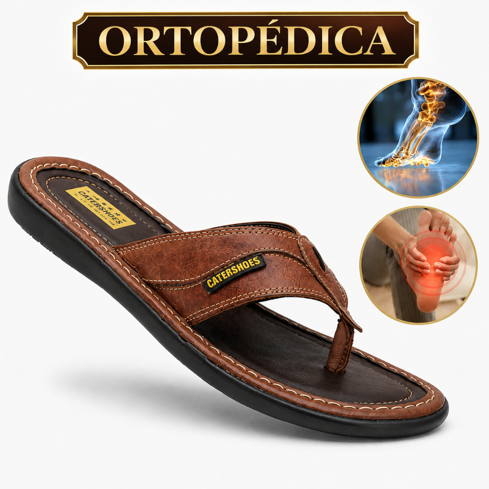 Chinelo Sandália Ortopética Masculina Couro Legítimo Pinhão Confortável Antiderrapante Costura Reforçada 37 ao 44