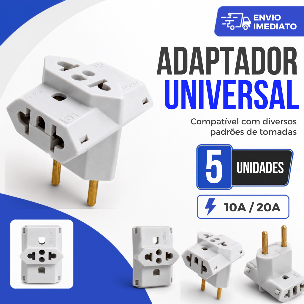 Adaptador de Tomada T Benjamin 10A Tripolar Pino Maciço Universal Bivolt 110V/220V