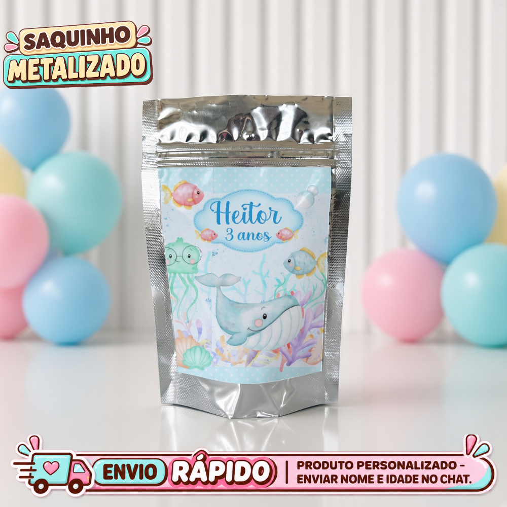 Saquinho Metalizado Fundo do Mar Personalizado Lembrancinha de Festa Aniversário
