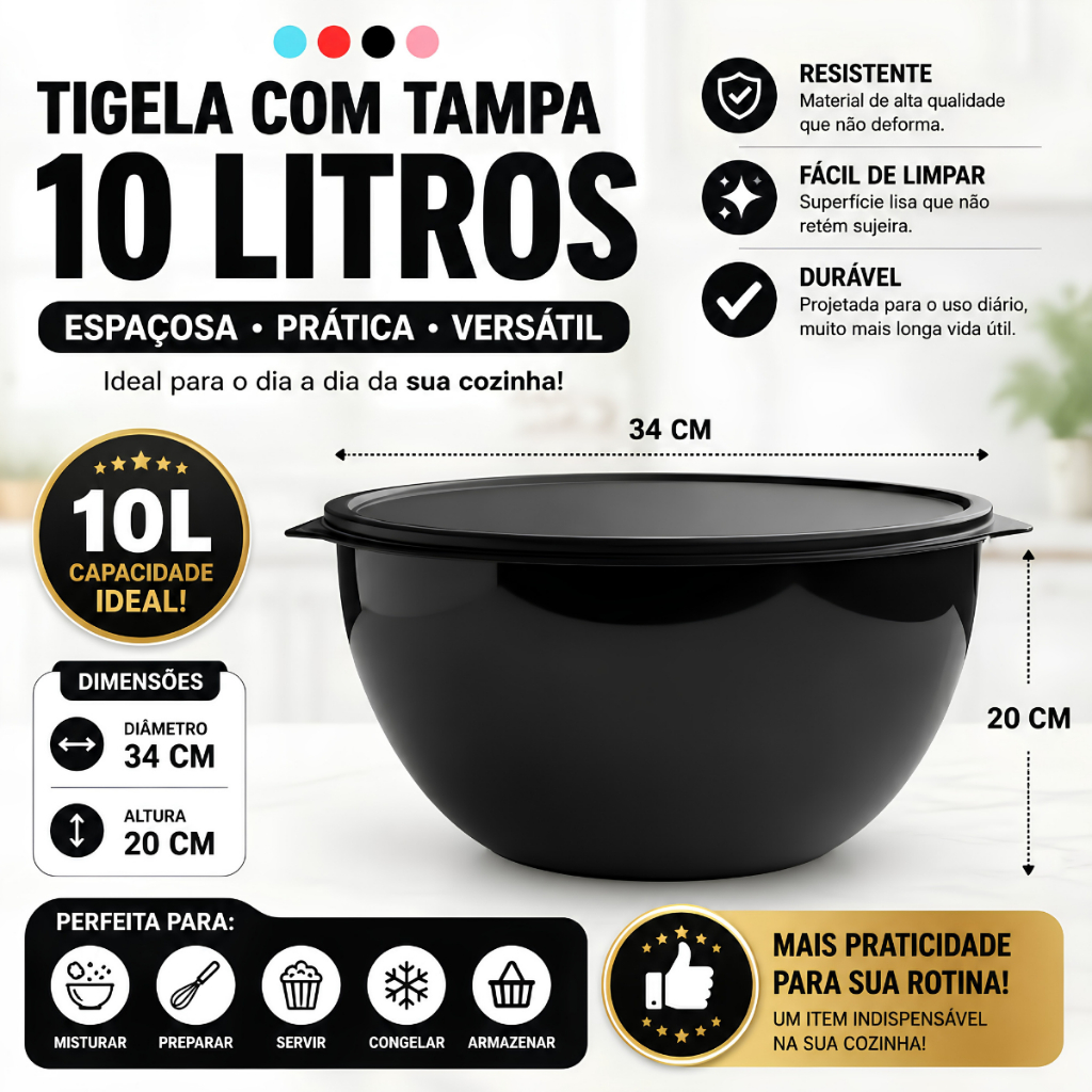3 Bacias 10 Litros Com Tampa Plástica Tapoer - Tigela Para Churrasco, Saladas e Misturas