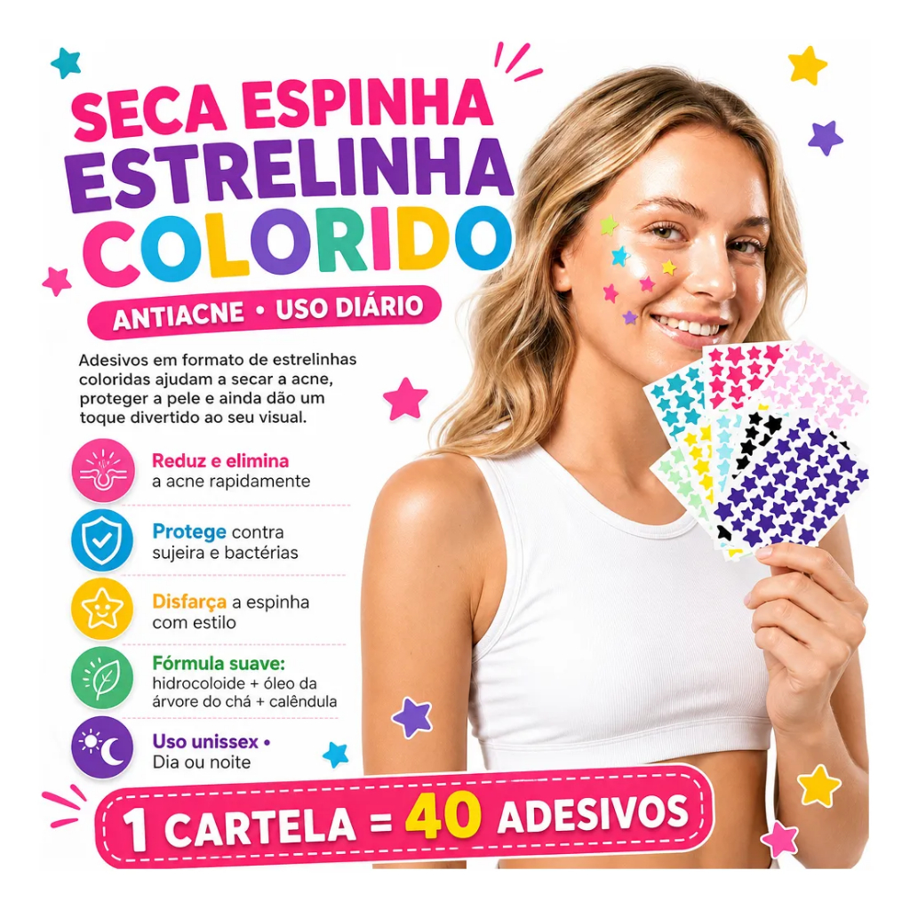 Kit Adesivo Seca Espinha Formato de Estrela Anti‑acne Proteção Dia e Noite Secativo Inflamada