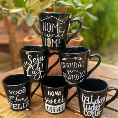 Kit 6 xícaras 120ml Café Chá Porcelana Frases Preta