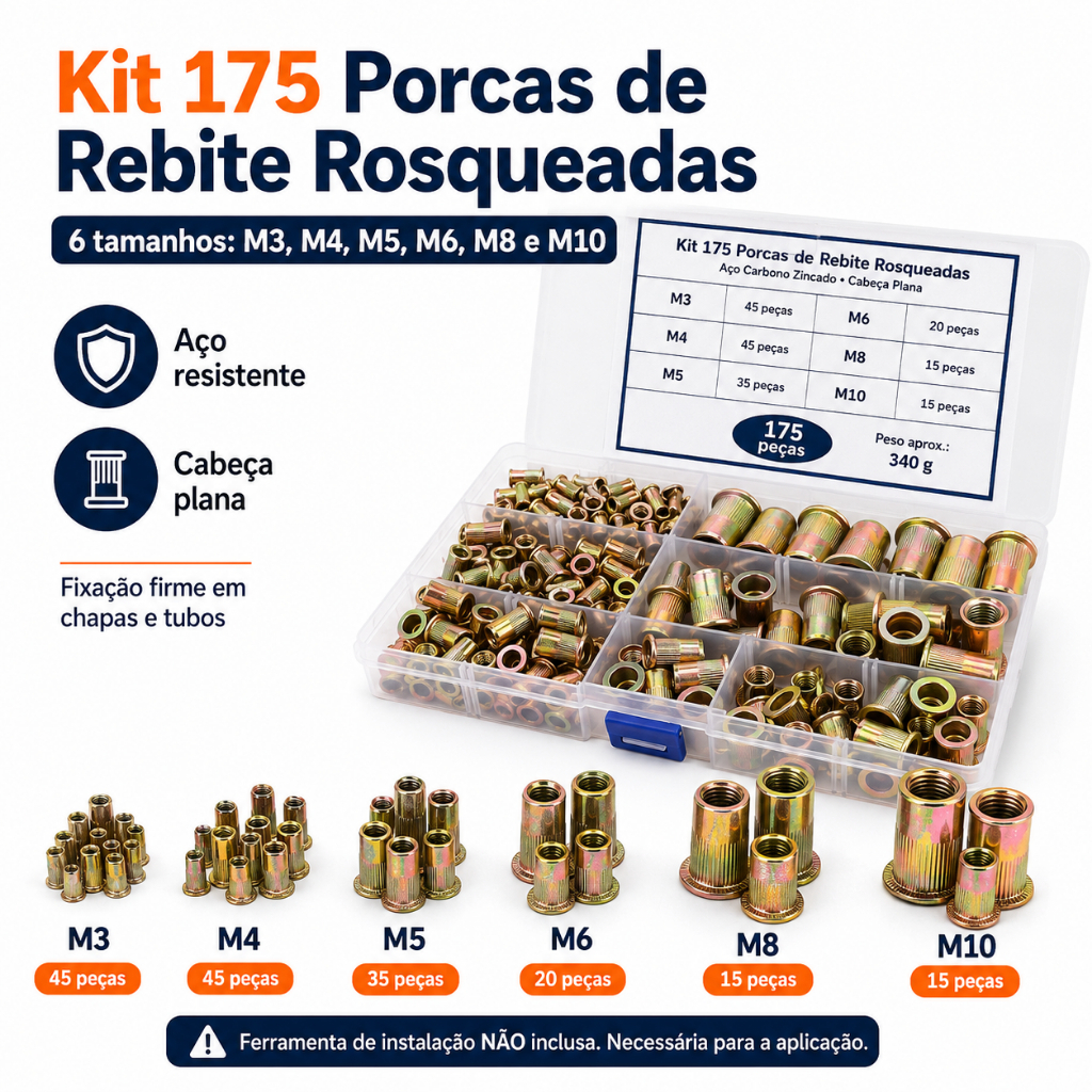 175 Peças De Rebites De Rosca M3 M4 M5 M6 M8 M10 Aco Porca De Rebite Com Cabeça Plana