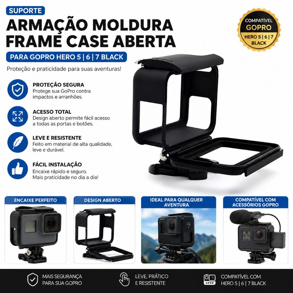 Moldura Frame Case Aberta GoPro Hero 5 6 7 - Leve e Compacta, Compatível com GoPro