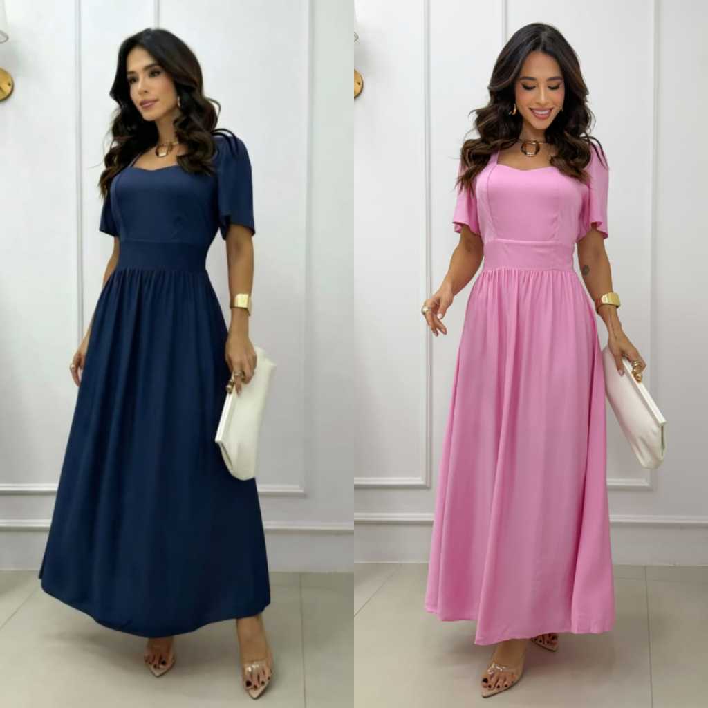 vestido feminino longo manga curta casual