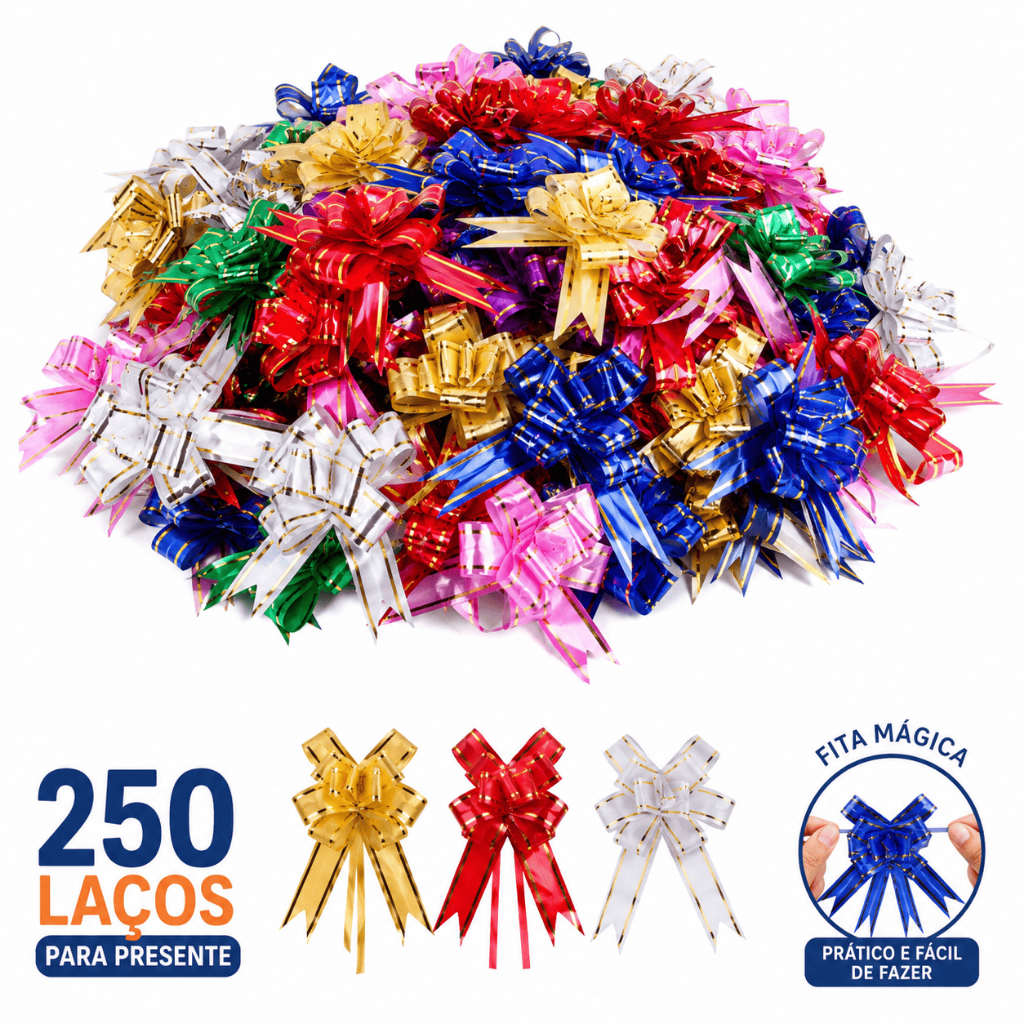 250 / 100 / 50 Laços Mágicos para Presente Fita Decorativa Embalagens Festa Natal  e Aniversário