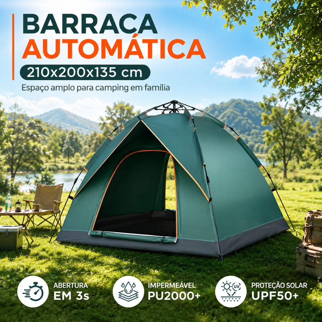 Barraca Camping Familiar Automática 4 Pessoas, Impermeável PU2000+, Proteção Solar UPF50+, Mosquiteiro e Montage