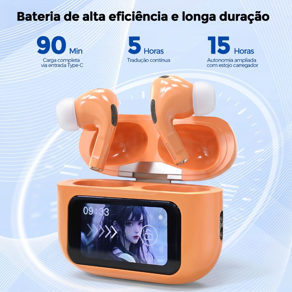 Fone De Ouvido Sem Fio ANC Tela Touch com cancelamento de ruído Bluetooth 5.3 TW