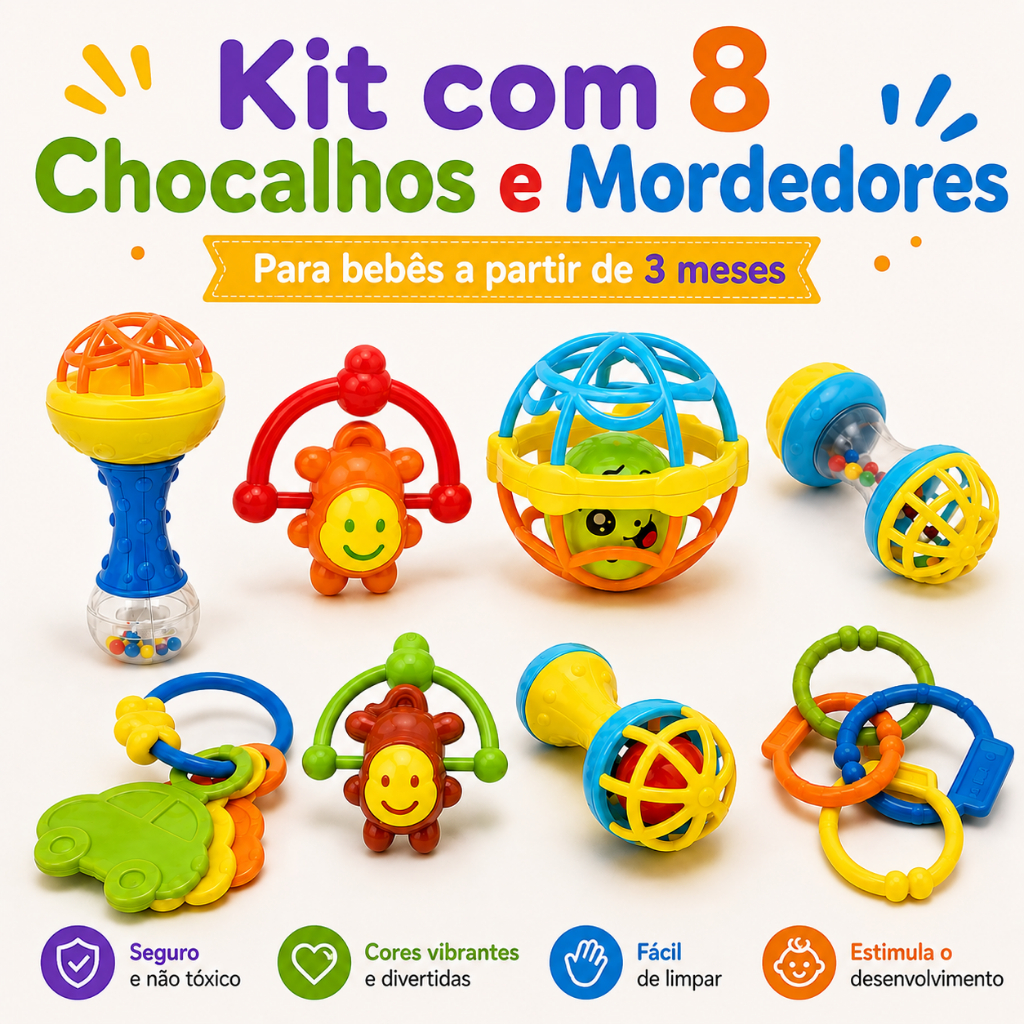 Kit de Chocalhos 8 Peças Bebê Mordedor Brinquedo Sensorial