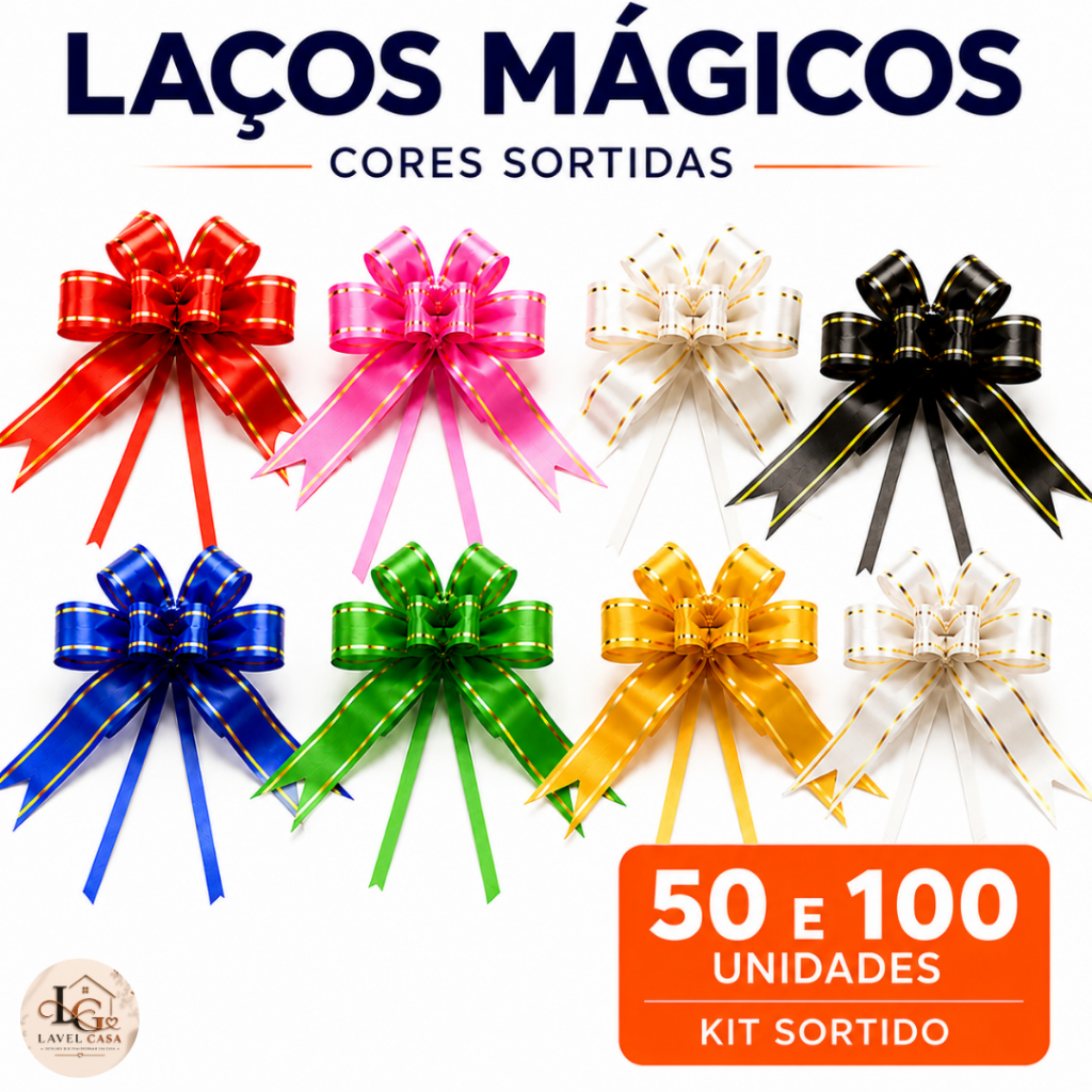 Kit 50/100 Laços Mágicos Tamanho M Filete Dourado Cores Variadas – Presente, Aniversário, Casamento e Eventos