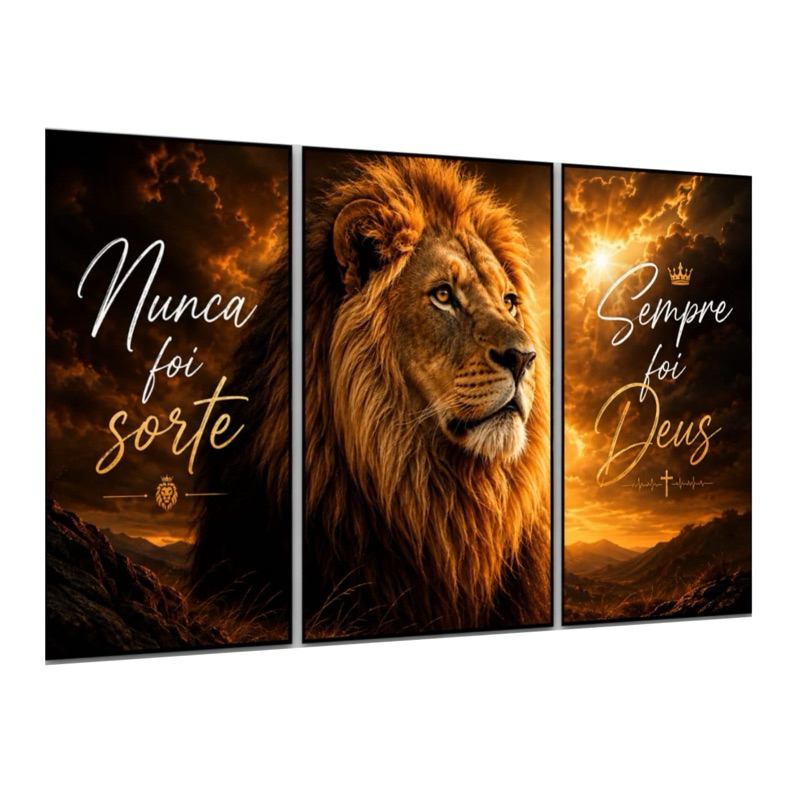 Quadro Decorativo Leão Majestoso Religioso Nunca Foi Sorte Sempre Foi Deus 3 Peças 122x60 Decoração