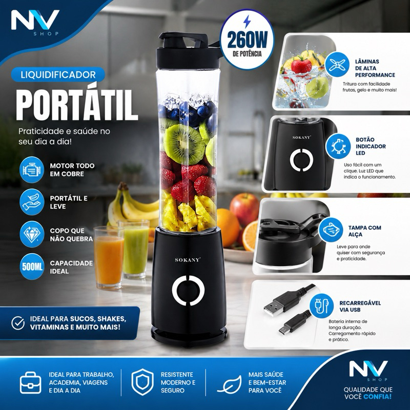 Liquidificador Portátil SOKANY 500ml 260W Mini Mixer para Suco, Shake e Vitaminas