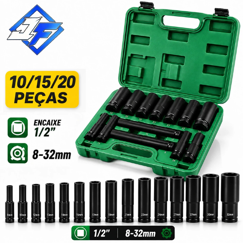 Kit 20/15/10 Peças Soquetes de Impacto Longo 1/2" 8-32mm - Jogo em Aço Cr-V Profissional
