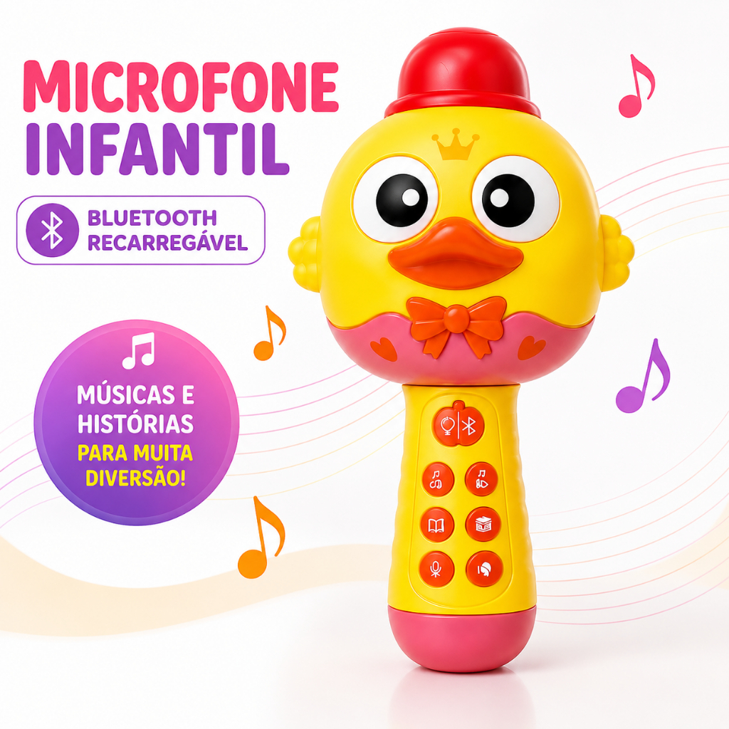 Microfone Infantil Bluetooth Recarregável Karaokê com Música, Histórias, Gravação e Reprodução