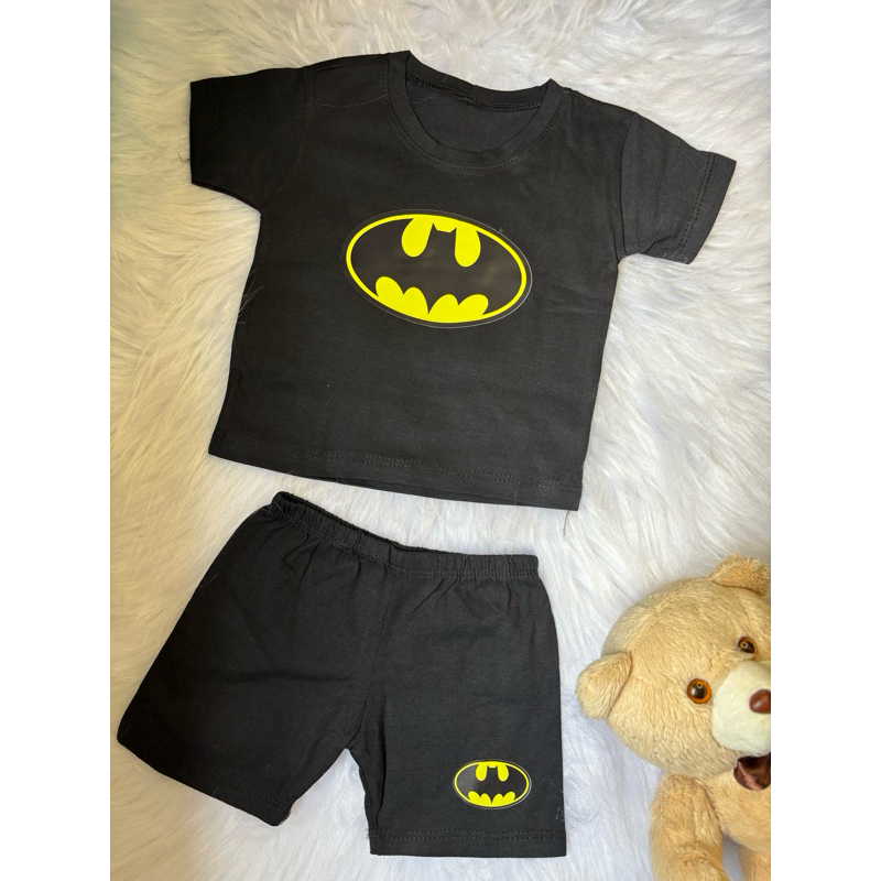 Conjunto Preto Bebê Menino Batman Camiseta + Shorts Roupa Infantil Personagem Masculino
