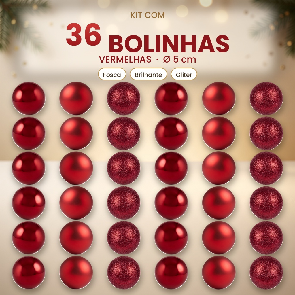 Kit 36 Bolinhas Vermelha 5 Cm Festivas De Natal Premium Decoração Enfeites Festão Pendentes de Arvores Kit 36, 24 e 12un