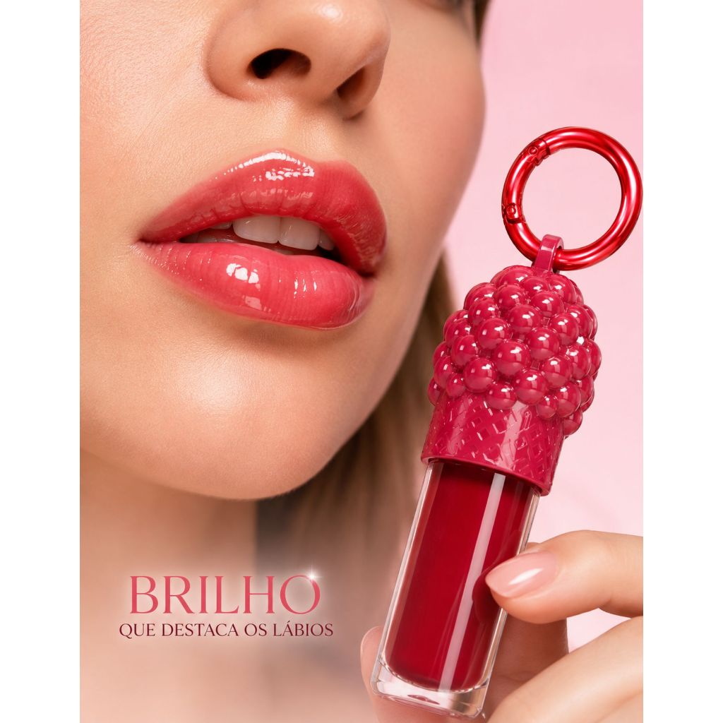 Gloss Labial Framboesa Com Pingente By Fran | Brilho Intenso | Efeito Espelhado Para lábios Radiante