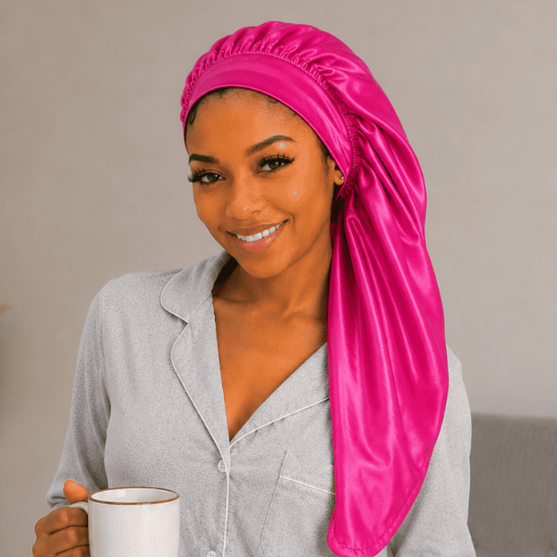 Touca de Cetim Dupla Face  Longa com Faixa Antifrizz para Cabelos Longos Tranças Box Braids