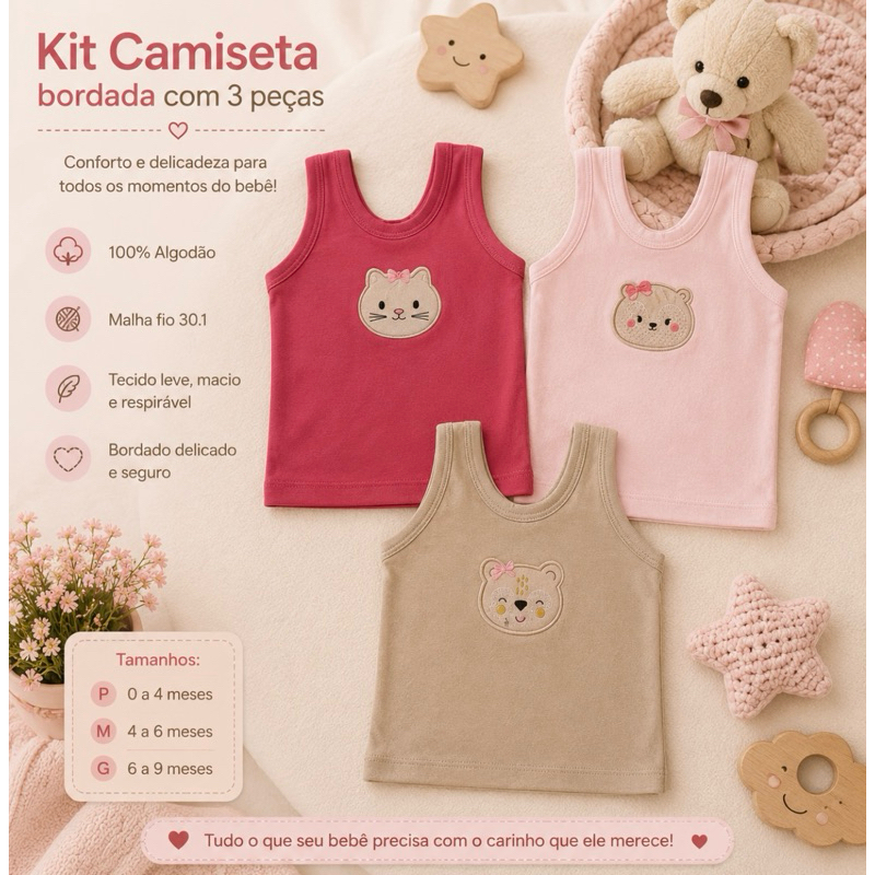 Kit Camiseta Bordada P, M e G Menino e Menina  Peças Para Bebê, Malha Hipoalergênico 100% Algodão.