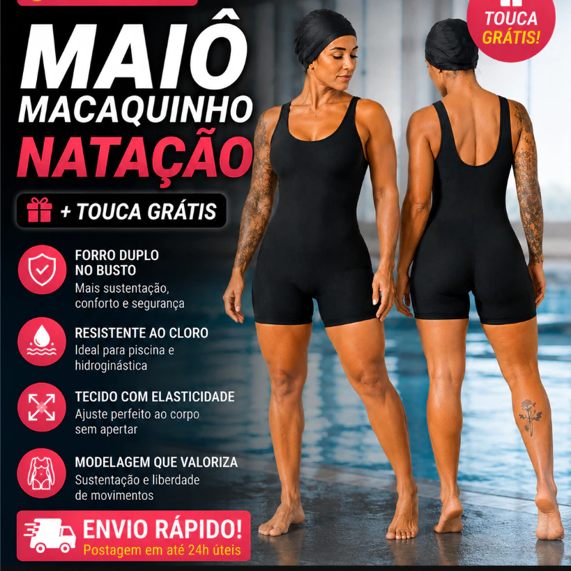 Maiô Macaquinho Feminino Natação e Hidroginástica com Touca Praia Piscina Verão Estilo — imagem 1