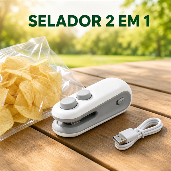 Seladora Portátil 2 em 1 Recarregável USB para Selar e Cortar Sacos Plásticos de Alimentos, Snacks, Cozinha e Viagem