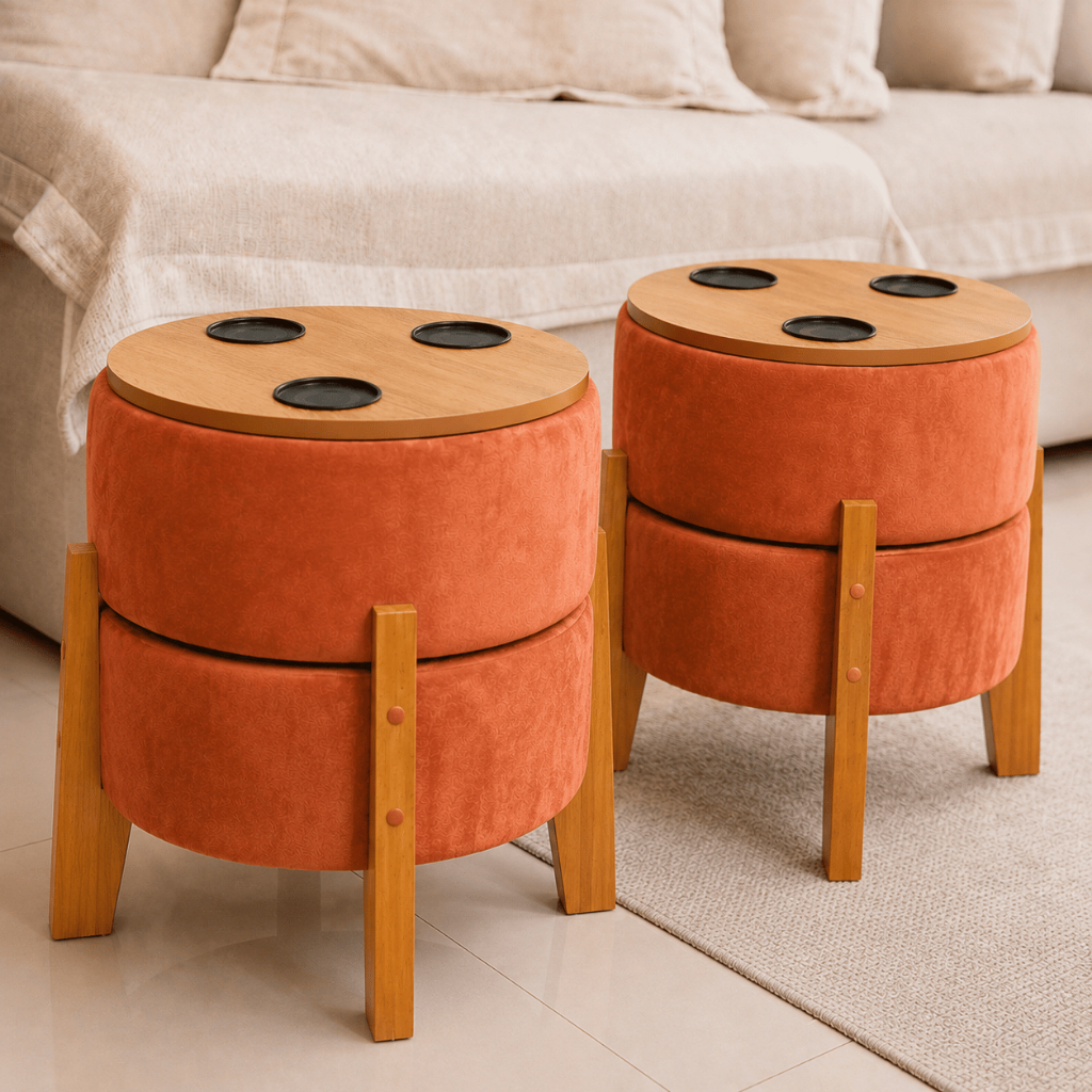 KIT 2 Puff Banqueta e Petisqueira COR DO MOMENTO Terracota em Tecido Veludo Pés em Madeira Maciça Moderno e Funcional
