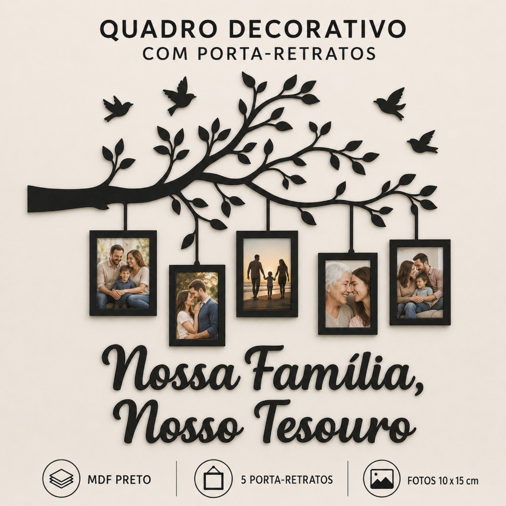 Quadro Decorativo Nossa Família com 5 Porta-Retratos em MDF Preto Sala Quarto