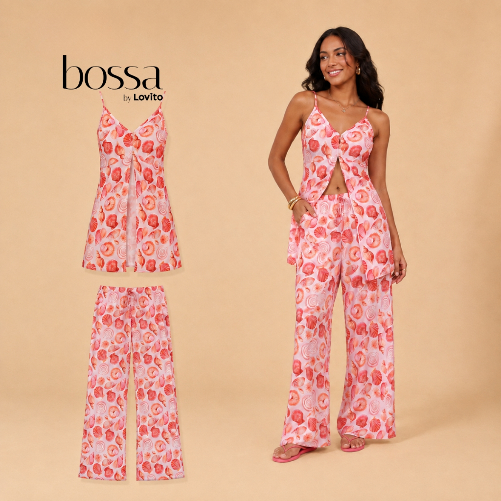Lovito Bossa Kit Blusa Alongada e Calça Reta Estampa Conchas BLB15441574