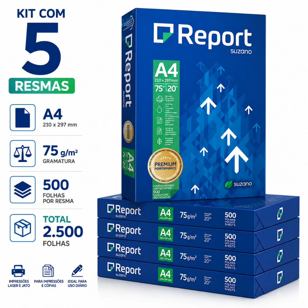 Papel A4 Report Suzano 75g 500 Folhas 210x297mm 3 4 ou 5 Resmas