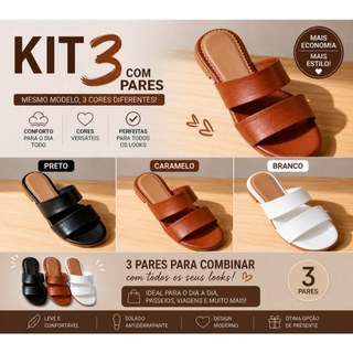 Kit 3 Pares Sandália Rasteira Feminina 2 Tiras Confortável Casual Verão – Preta, Caramelo e Branca