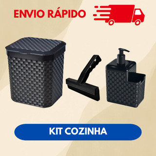 Kit cozinha rattan lixeira dispenser detergente rodinho de pia 5 litros preto alta qualidade resistente