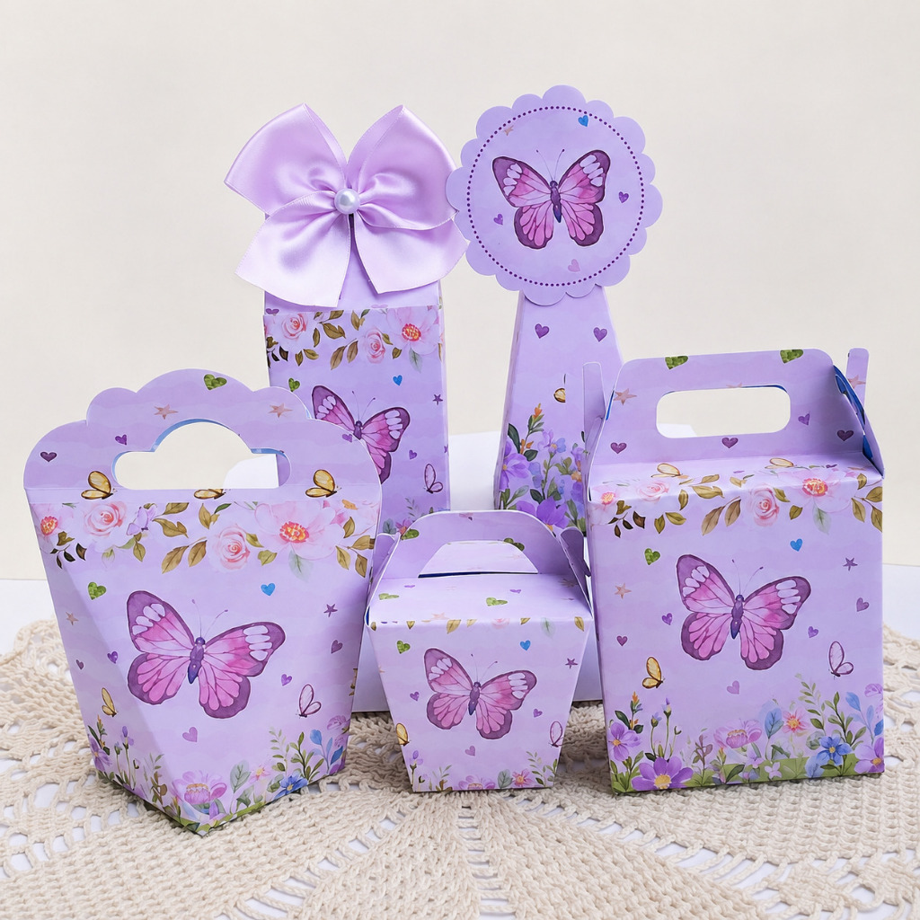 Kit Festa Tema JARDIM DAS BORBOLETAS LILAS Caixinhas Personalizada Lembrancinhas para Festas PEGUE E MONTE