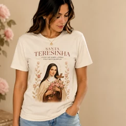 Camiseta Santa Teresinha Feminina Religiosa Católica Algodão Estampada Chuva de Rosas Fé Presente Moda Cristã Santos