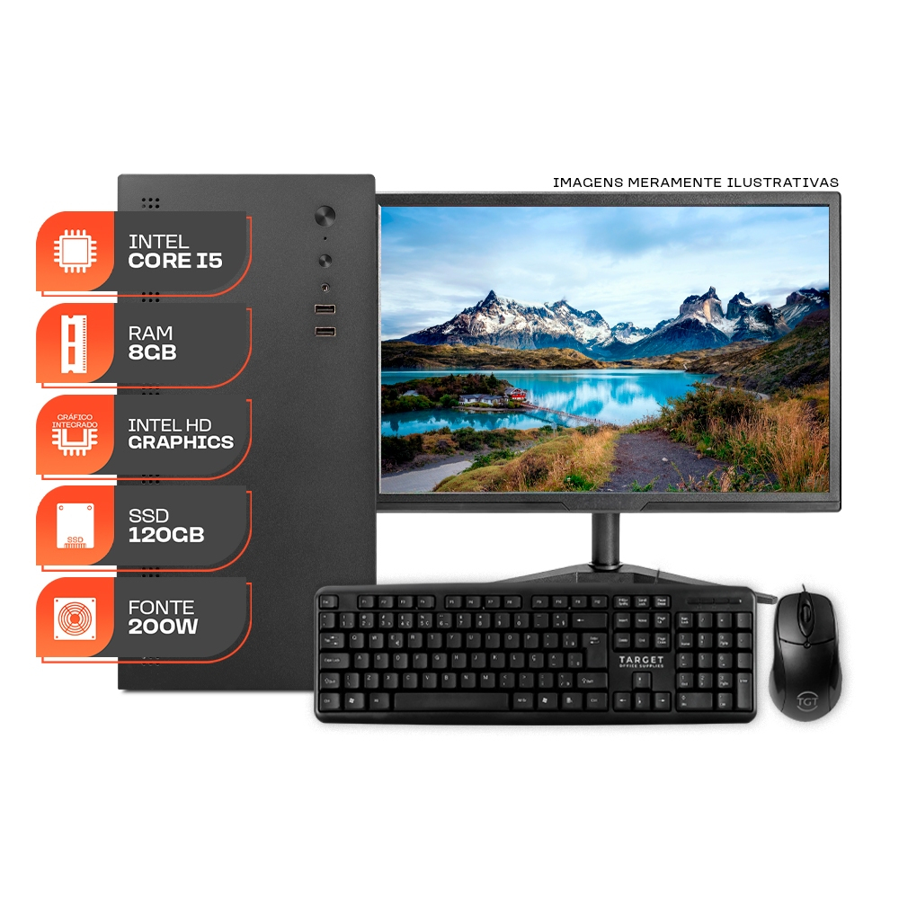 Computador Home Essential S, Intel Core i5, 8GB DE RAM, SSD 120GB, Completo com Monitor e Periféricos