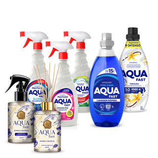 Kit Casa Completa Premium Aquafast 7 em 1 Lava Roupas Lavagem Rápida Amaciante Multiuso Poder O2 Aromatizador Home Spray