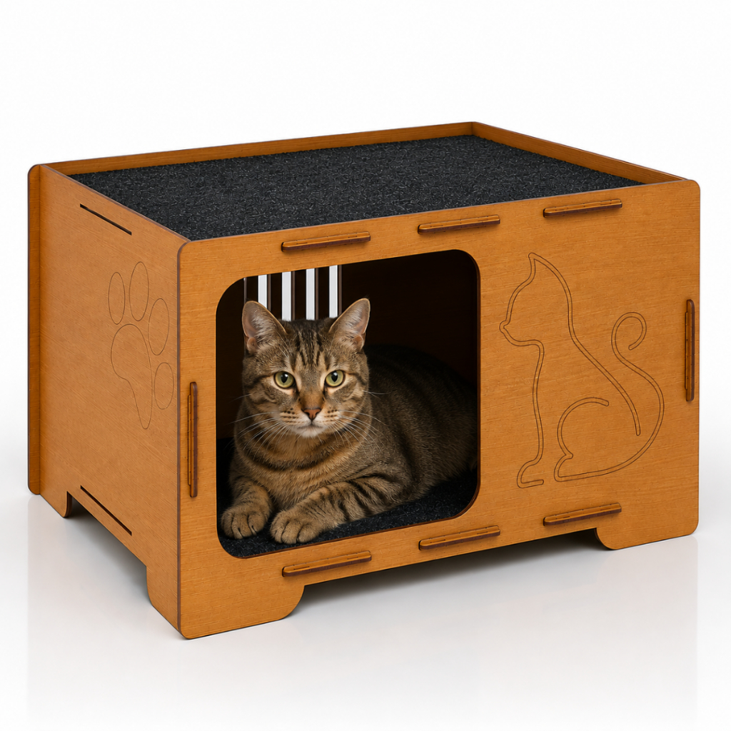 Casa Para Gatos Em MDF Toca Pet Moderna Com 2 Tapetes Carpete Arranhador