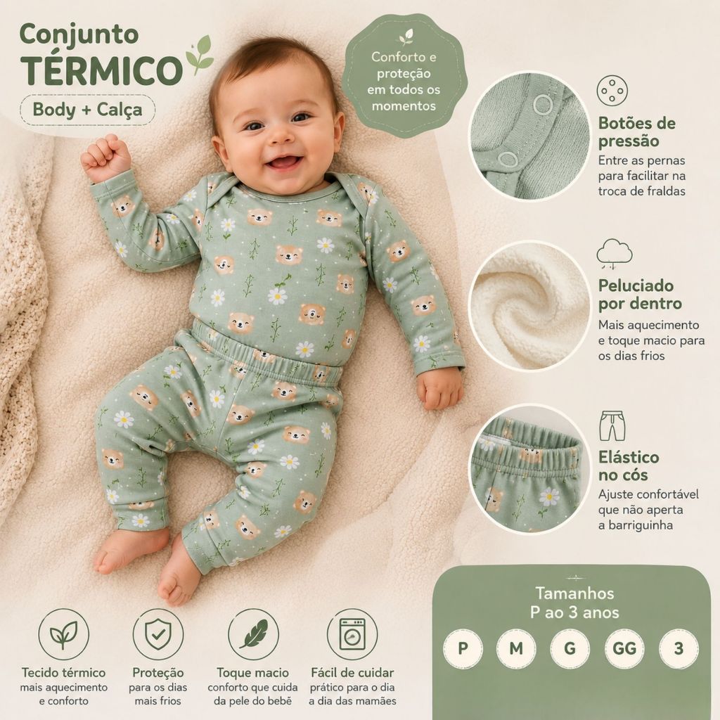 Conjunto Termico Bebê Inverno - Body Manga Longa + Calça Estampada - Bebê Menino e Menina