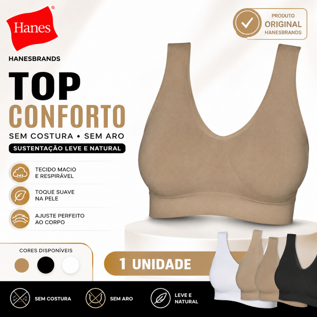 Top Hanes Feminino Alça Larga Sem Aro Sem Bojo Confortável Sem Costura Original