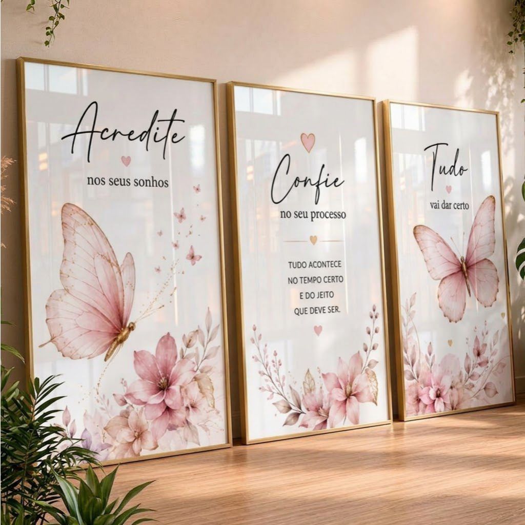 Quadros Decorativos Borboletas Flores Frases Motivacionais Feminino Quarto Sala Kit 3 Peças