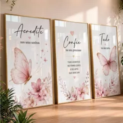 Quadros Decorativos Borboletas Flores Frases Motivacionais Feminino Quarto Sala Kit 3 Peças