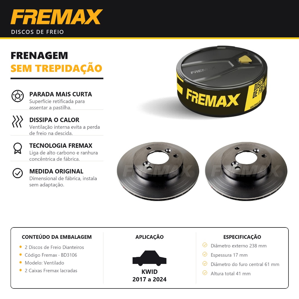 Par Disco de Freio Ventilado KWID 1.0 2017 a 2024 Fremax