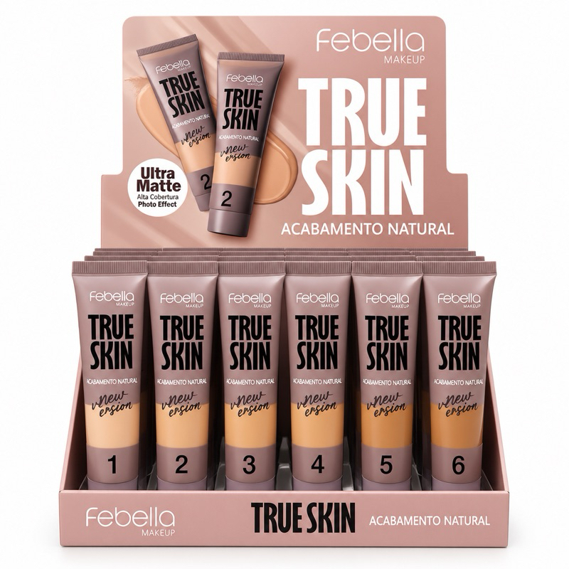 Base Líquida Febella True Skin – Alta Cobertura | Acabamento Natural!