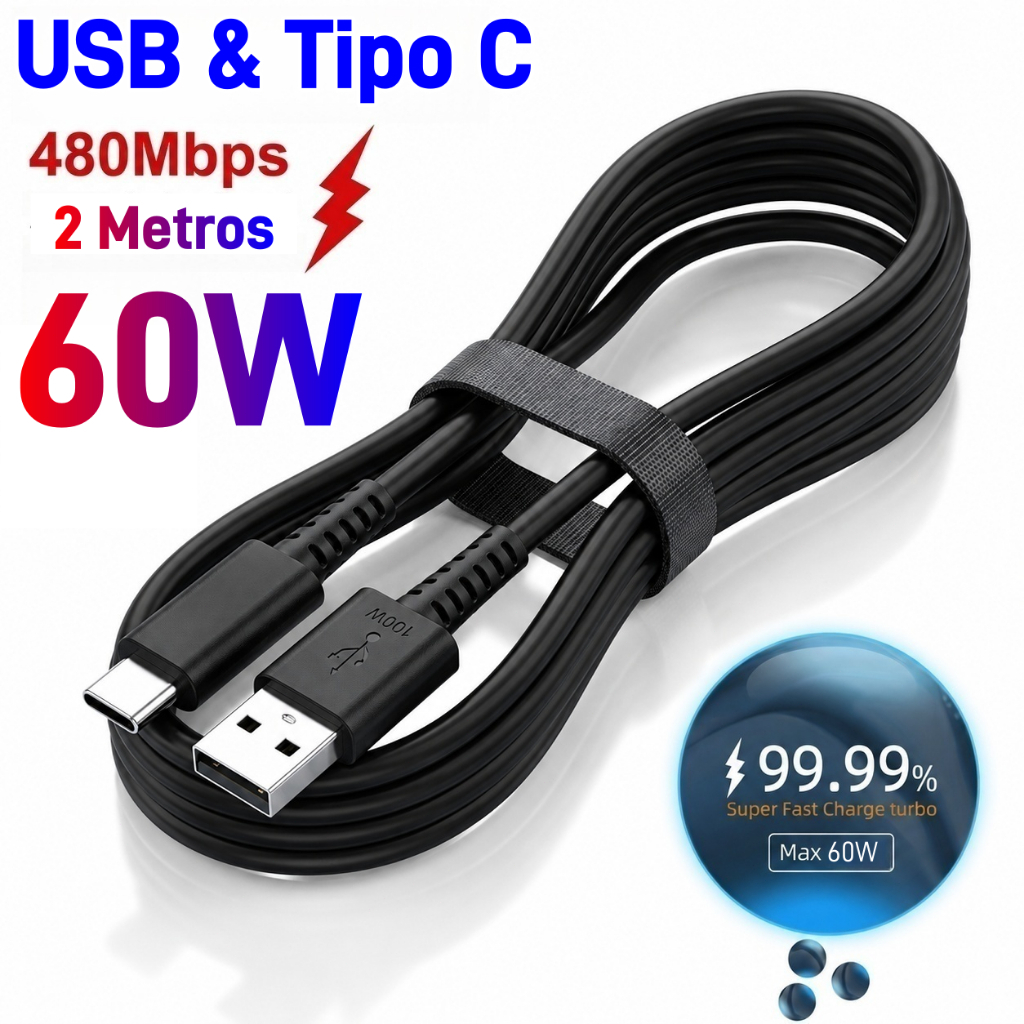 2 Metros Cabo Carregador Turbo Para Android Celulares USB‐A para Tipo C Compatível iPhone 15 - ENVIO IMEDIATO